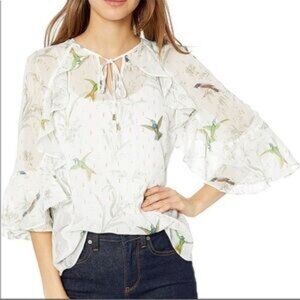 Ted Baker Lassii Fortune-Print Top Sheer Hummingbird Print Ruffle Flutter Blouse